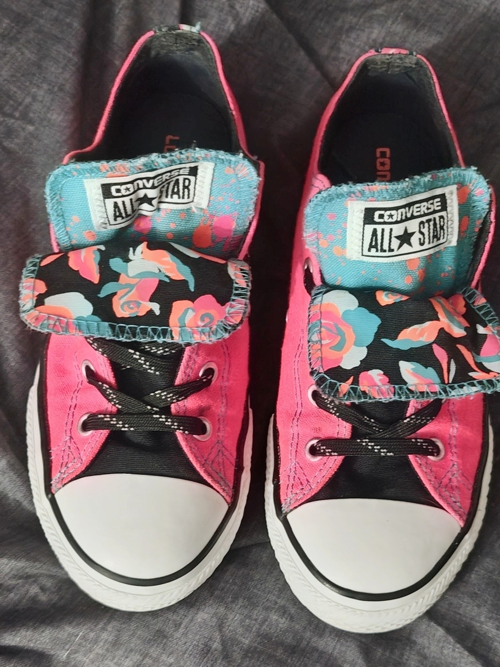 Converse Pink & Black W/ Tropical Floral Double Tongue design All Star Low Tops